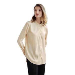 MOTF Mock Neck Straight Blouse Yoke Box Pleat Shirt tail Peach Beige X-Small
